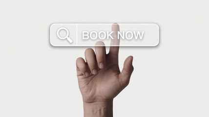 Digital Booking: A human hand confidently presses the "Book Now" button, inviting viewers to a world of possibilities.