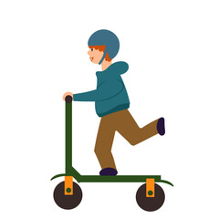Small boy riding scooter on white background.