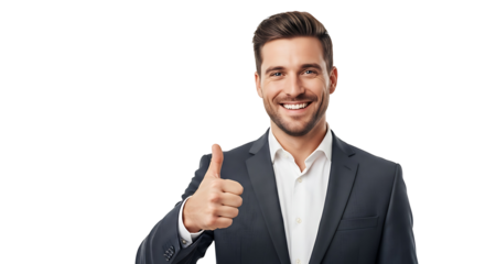 Confident Businessman in Suit Giving Thumbs Up Gesture with Bright Smile on Isolated Background