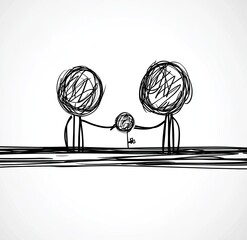 Two simple figures, hand-drawn style, exchanging a flower