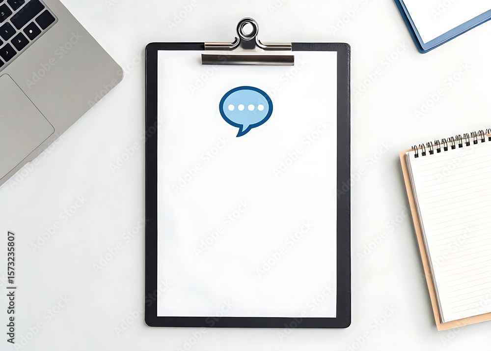 Poster a clipboard with a blank sheet of paper and a chat bubble icon is isolated on a white background, su