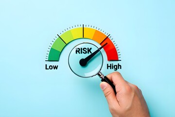 Business Risk Gauge with Low to High Indicator. A hand holding magnifying glass over a risk gauge, showing a scale from low to high, symbolizing the concept of business risk assessment and management.