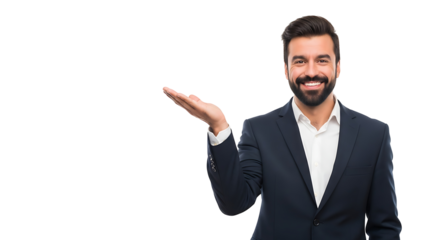 Confident Businessman in Formal Suit Presenting with Open Hand Gesture Against Black Background
