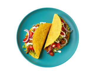 Two Crispy Corn Tacos Filled With Ground Meat Lettuce Tomato Onion and Sour Cream food mexican