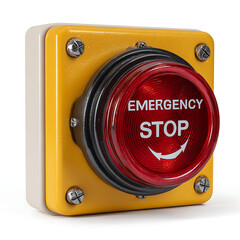 Yellow Industrial Emergency Stop Button with Red Illuminated Lens and White Text Closeup View of Safety Device