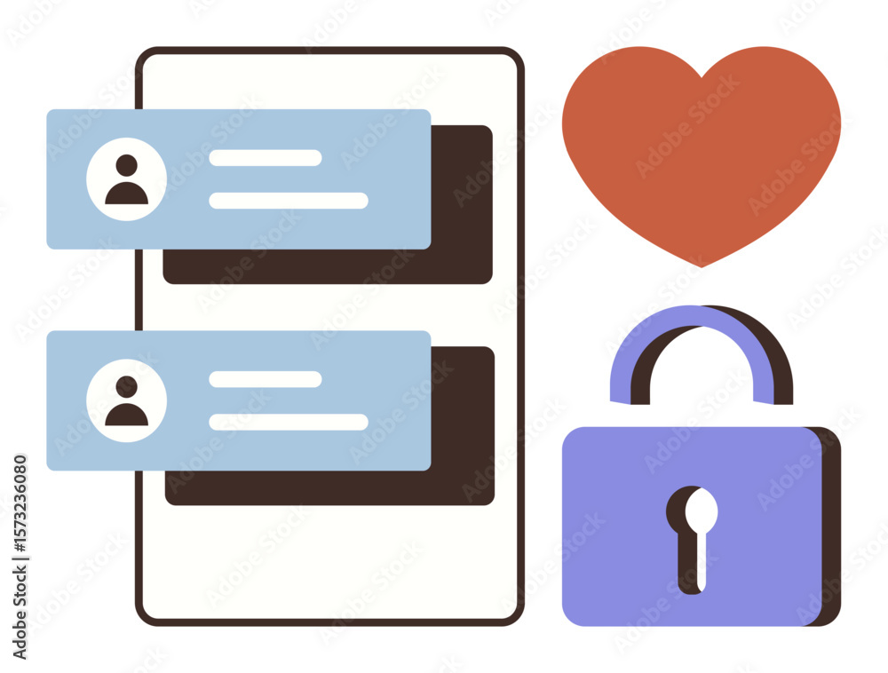 Poster chatboxes with user icons on a mobile-thumbs up screen, padlock symbolizing security, heart for conn
