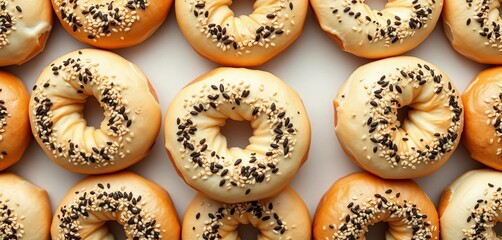 Delicious top-view seamless pattern of white and brown sesame bagels , toasted, brown