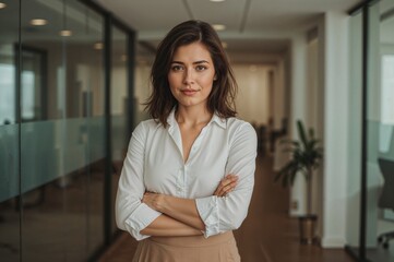 Confident businesswoman with arms crossed in modern office hallway