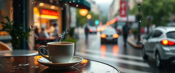 Rainy day cafe, steaming coffee, blurred city view,  still life,  dark