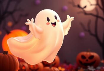 Pastel ghost playfully floats, charming, whimsical Halloween design,  kawaii,  holiday