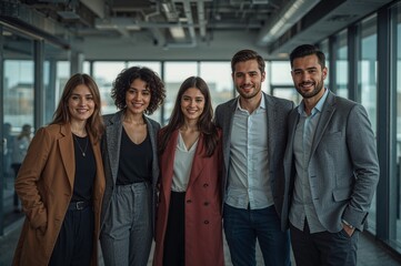 Diverse group of five smiling business professionals standing together in a modern office hallway