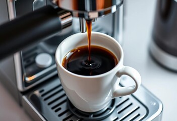 Rich dark coffee pouring into a pristine white cup from a gleaming automatic coffee maker,  kitchen,  machine