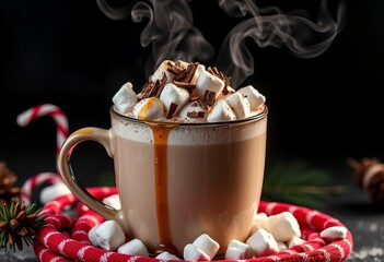 Steaming Christmas hot chocolate in a large coffee mug, topped with marshmallows, chocolate shavings, and syrup; dark background, photography, syrup