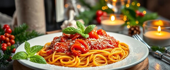 Spaghetti with tomato sauce, basil, Christmas decorations, wine, candles,  dinner,  warm