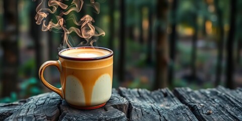 Steaming latte art in a rustic mug on weathered wood, forest backdrop,  autumn,  dark