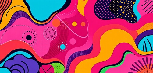 Vibrant abstract Memphis style background with wavy shapes and geometric patterns,  vector,  trendy background