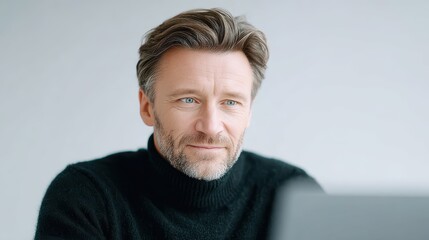 Mature Man Portrait, Laptop, Remote Work, Confident