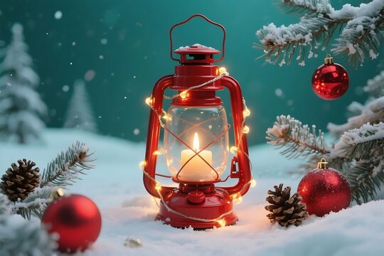Festive red lantern illuminated with candle and christmas decorations on snow - Powered by Adobe