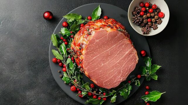 Festive glazed ham with cranberries and herbs on a dark background, holiday food photography