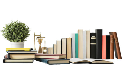 Lawyer or consultants desk with files, law books, and pen stand, background isolated on a Transparent background, PNG file.