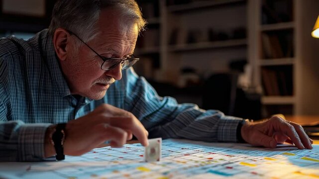 Senior man playing solitaire at night, focused on the game under warm lamp light, wearing glasses and a plaid shirt in a cozy room.