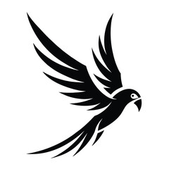 Obraz premium Stylized black parrot in flight with spread wings and tail bird flying