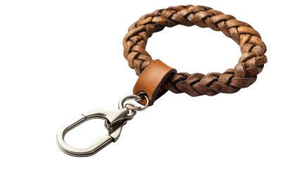 Leather braided keychain with sturdy metal clasp, background isolated on a Transparent background, PNG file.