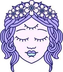 tattoo in traditional style of female face with third eye in bright neon color