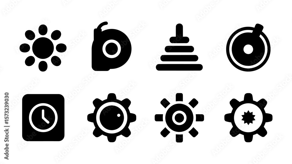 Poster collection of eight simple black and white vector icons representing various objects and concepts