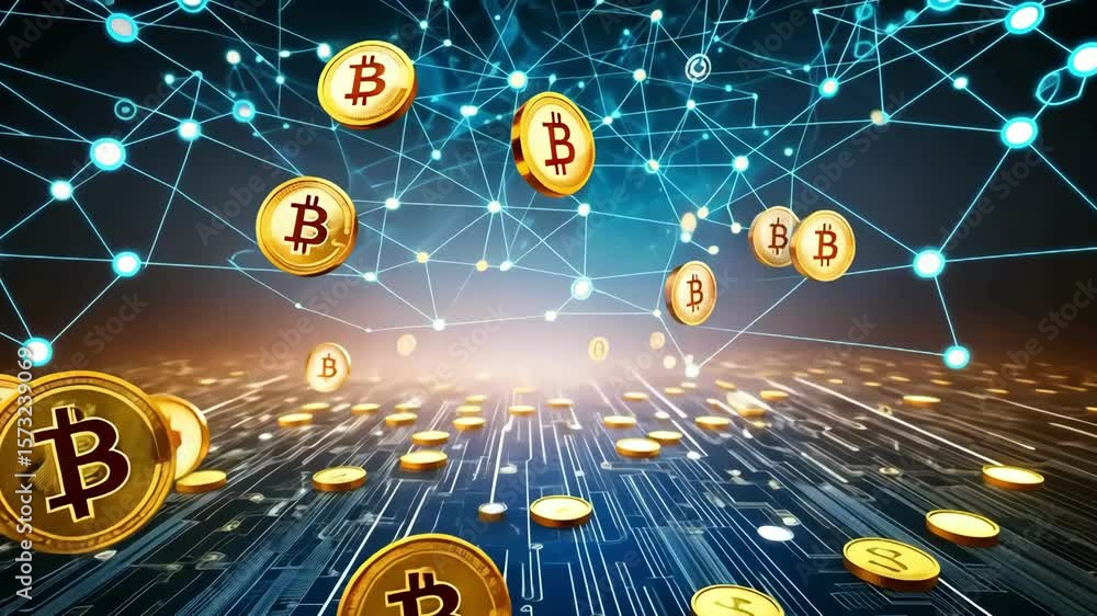 Poster golden bitcoin coins floating over circuit board network. cryptocurrency concept.