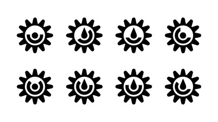 Eight identical black gear icons with a circular cog and droplet symbol inside