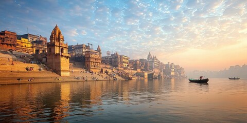 The sacred temples of Varanasi beside the Ganges River