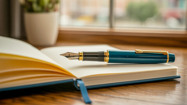 Elegant teal fountain pen rests on an open notebook by a window