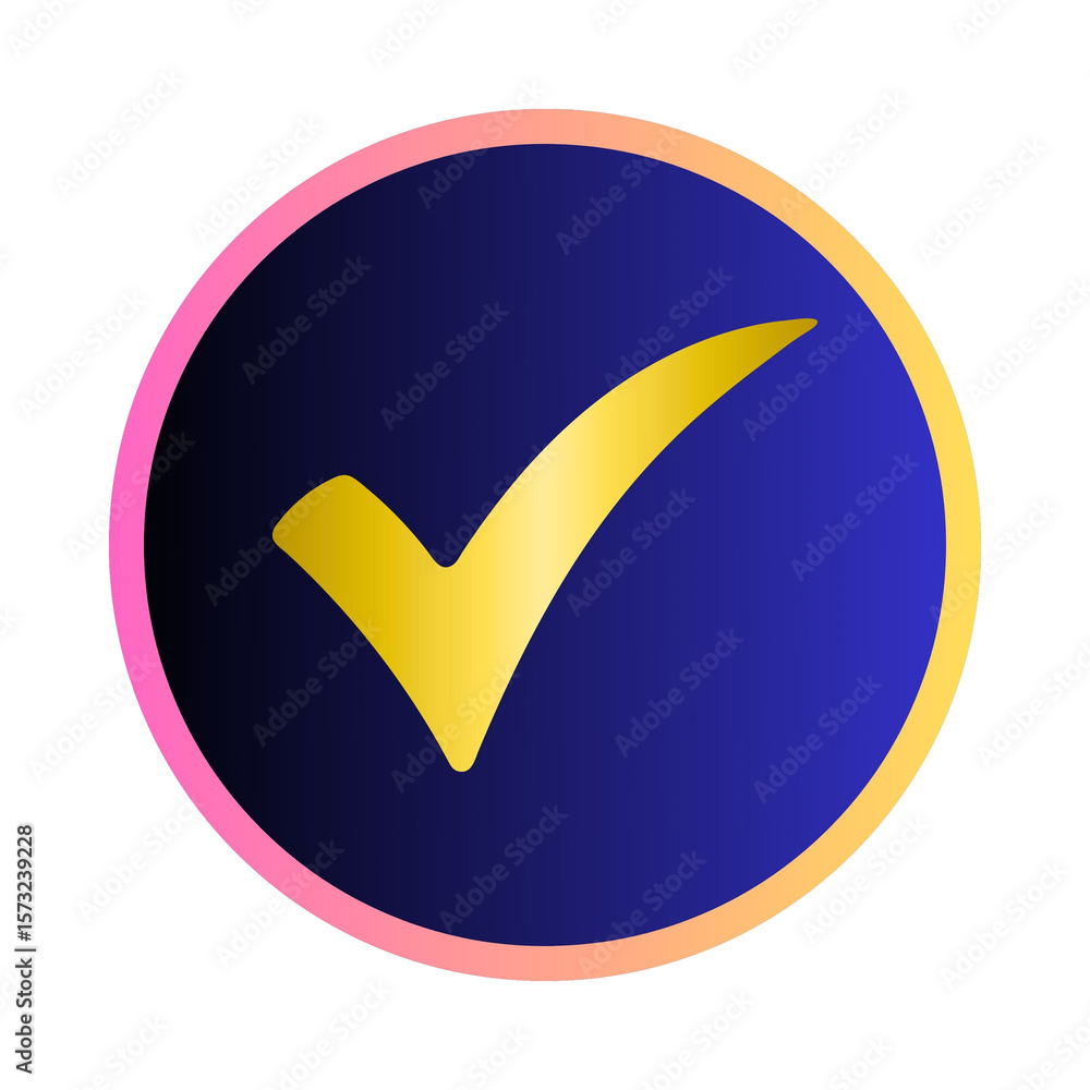 Poster a new blue circle with a golden check mark inside on a white background in a simple graphic style