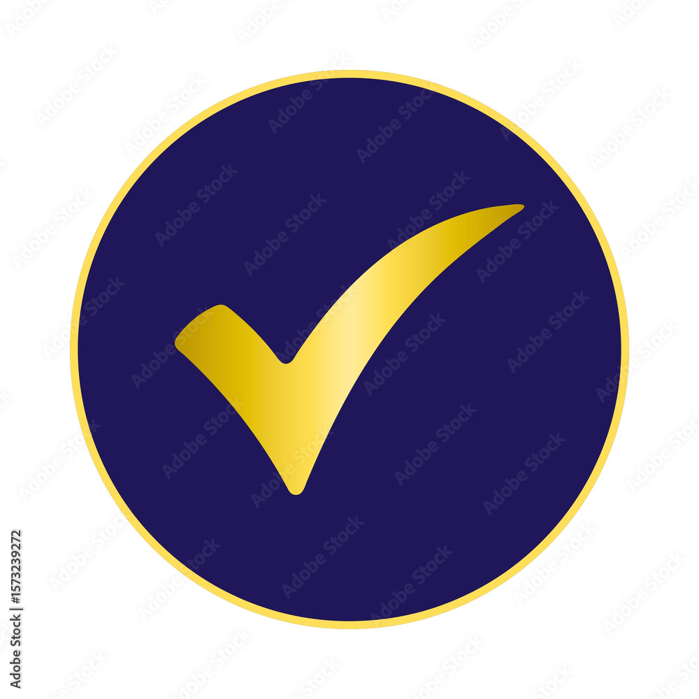 Poster a blue circle with a golden check mark inside on a white background in a simple graphic style