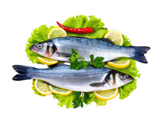 Two whole sea bass fish with lemon slices and red chili pepper on lettuce seafood