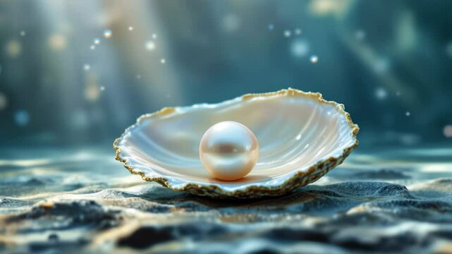 Shiny pearl in open oyster shell with iridescent glow under soft underwater lighting