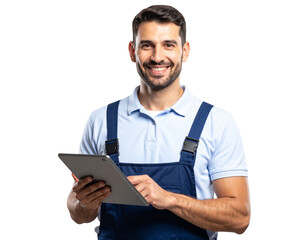 Portrait of a man in a maintenance uniform smiling and holding a tablet on a transpar