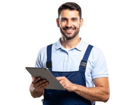 Portrait of a man in a maintenance uniform smiling and holding a tablet on a transpar
