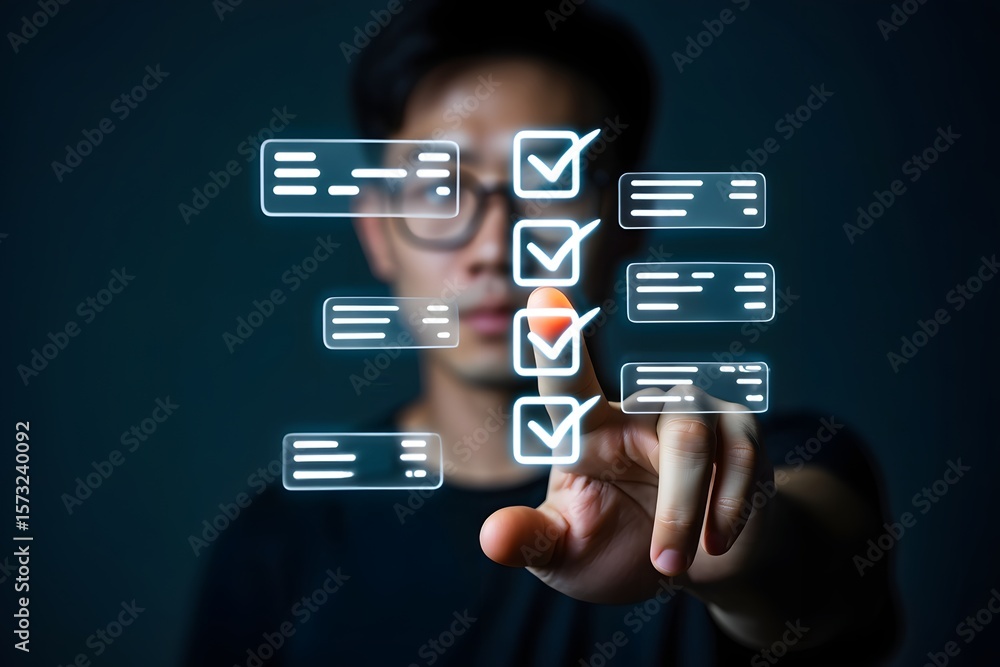 Aufkleber businessman interacting with digital checklist interface. correct sign mark in checkbox for quality 