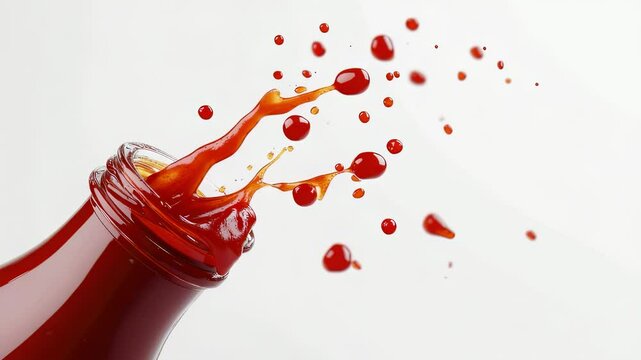 Ketchup explosion from bottle on white background, high-speed shot