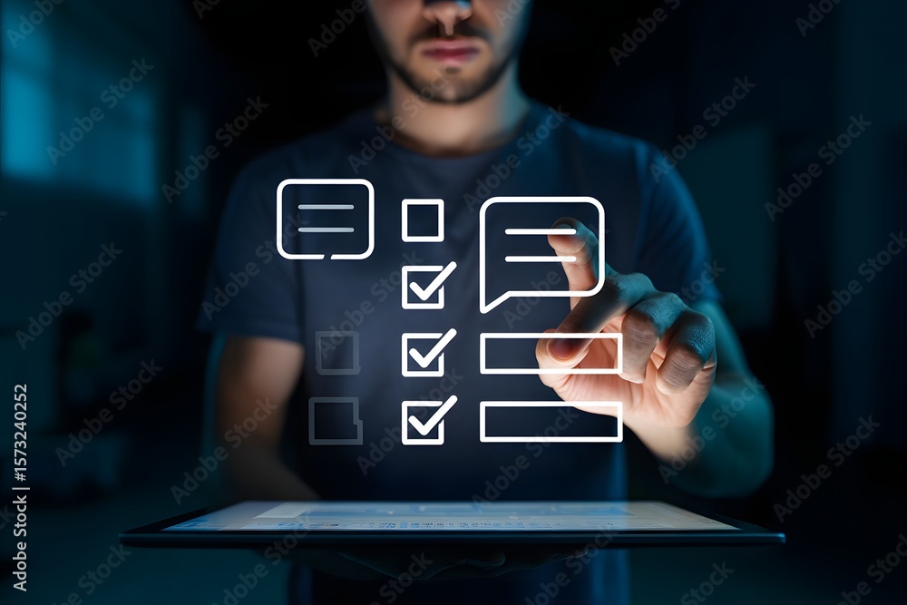 Poster businessman interacting with digital checklist interface. correct sign mark in checkbox for quality 