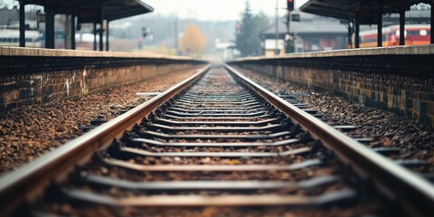 Train tracks converging in the distance beyond the platform