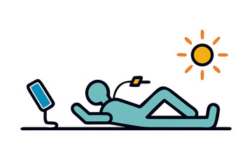 Naklejka premium Relaxing Summer Day: Person Sunbathing with Tablet and Music Player, Simple Line Art Illustration