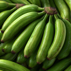 A Close Up View of a Bunch of Bright Green Unripe Bananas Showing Their Smooth Skin and Slight Brown Stems