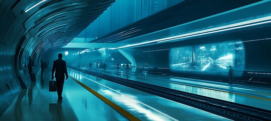 A high-speed maglev train station showcasing energy-efficient travel through holographic displays