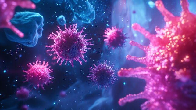 Microscopic view of virus cells infection and disease spreading with pink and blue color scheme background silhouette - Powered by Adobe