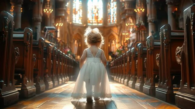 A charming girl dressed in a lovely white dress walks down the aisle of a grand church, filled with light and warmth during a meaningful baptism ceremony. The ambiance is serene and inviting