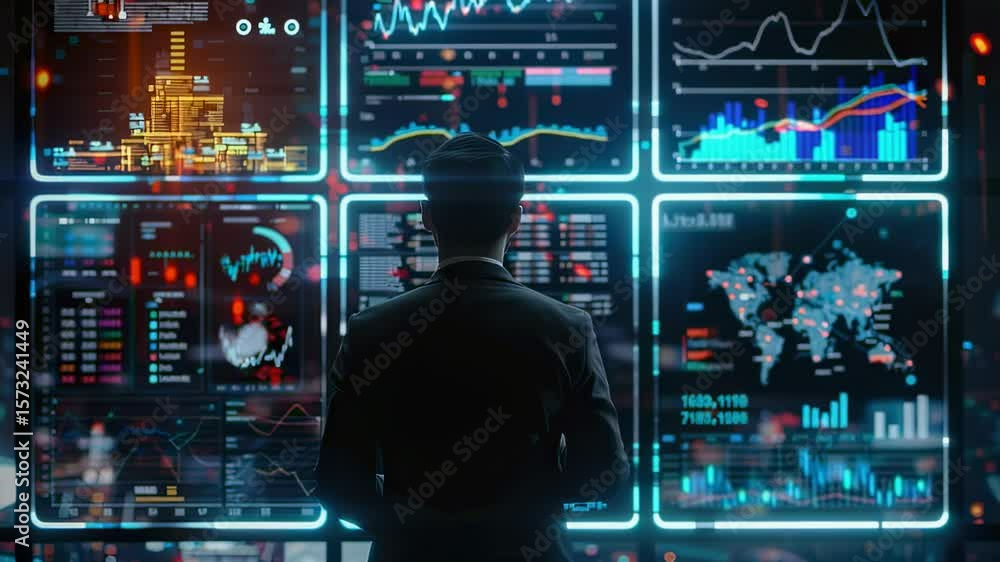 Poster analyst views financial data on multiple screens in a modern office