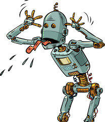 Pop Art Retro Robot sticks out tongue. Conflict with artificial intelligence. AI replacing professional employees.